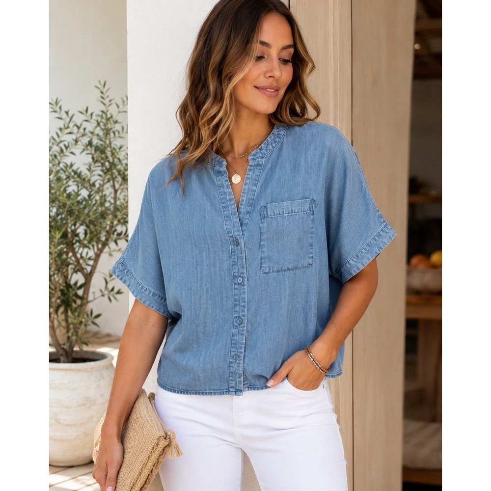 Tahari Chambray Denim Button Front Dolman Sleeve Shirt Women S/P Lyocell